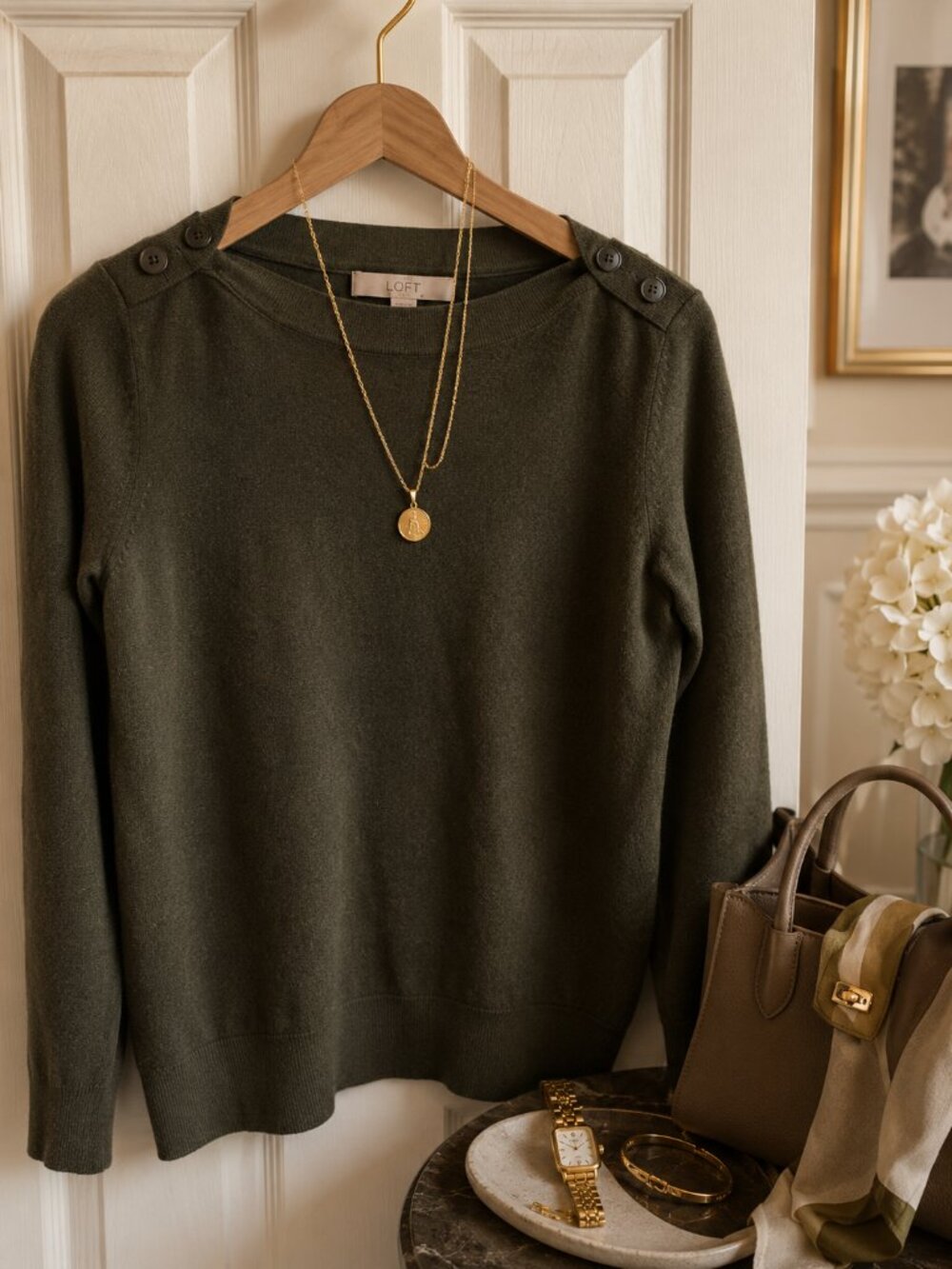 LOFT Olive Green Knit Top Capsule Wardrobe Quiet Luxury S